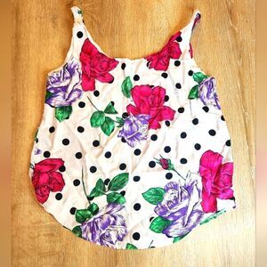 90s Floral Tank Top Rayon Lightweight 1990s Polkadot Flowers